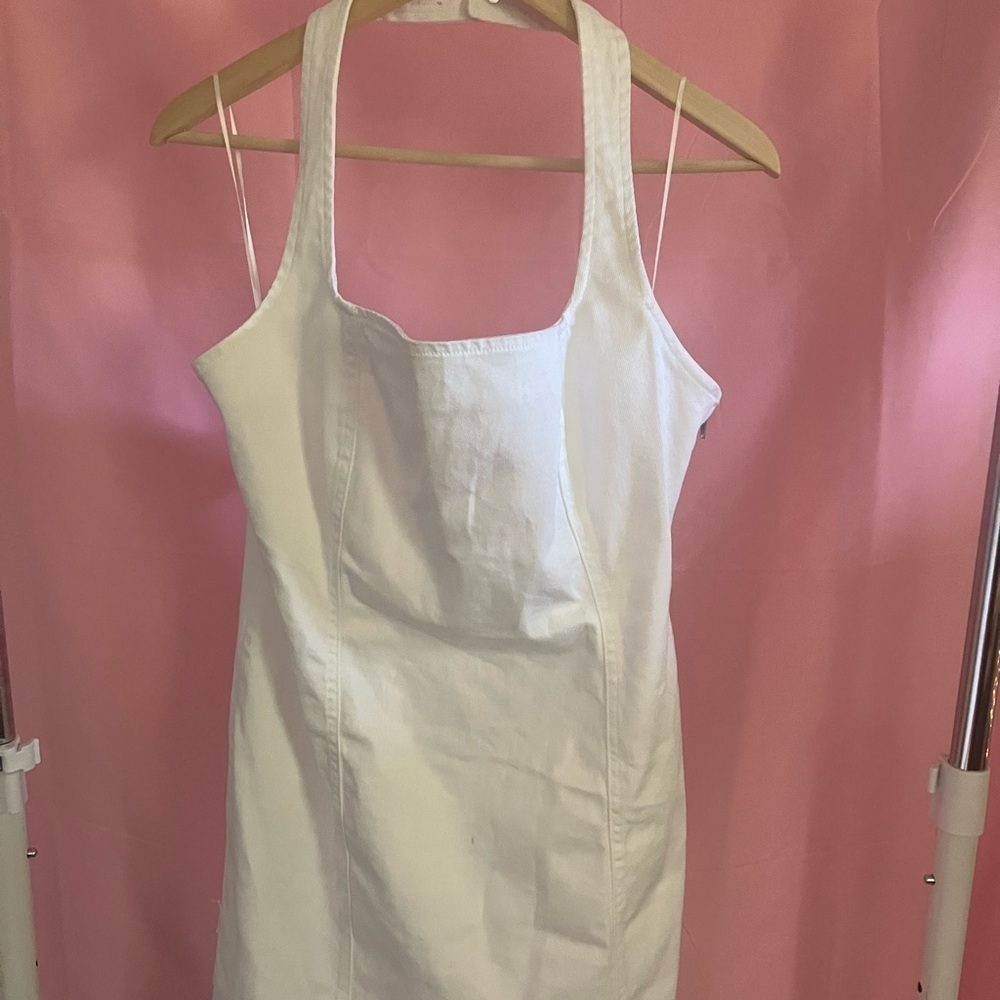 White Halter Denim Mini Dress – Sleeveless, Chic Summer Party Dress, Size XL